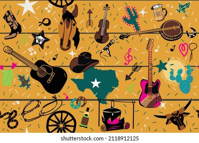 patrón ininterrumpido con guitarristas, sombrero de vaquero, caballo y cactus, diseño vectorial para papel, tela y otras superficies