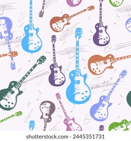 Patrón sin fisuras con gitauros y notas musicales de fondo. Fondo de Vector decorativo con un tema musical para tela, papel de envolver y Fondo de pantalla