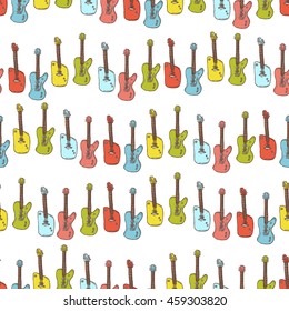 Seamless pattern of guitars on white background. Sketch style.