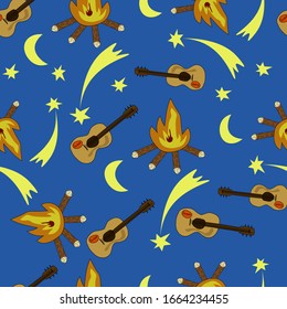 seamless pattern of guitars and shooting stars on a blue background