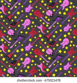 Seamless pattern with guitars and stars. Vector illustration