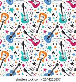 Seamless pattern of guitars an a white background. Music illustration.