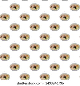 Seamless pattern of Guksu Korean warm noodles soup made with myeon on white background. Asian cuisine. Colorful vector background.