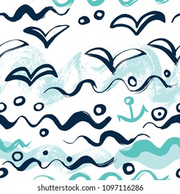 Seamless pattern with gulls and sea waves.
