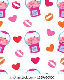 Seamless pattern with gumball machine, kiss and heart. stock vector illustration for printing on packaging paper, gifts and postcards.