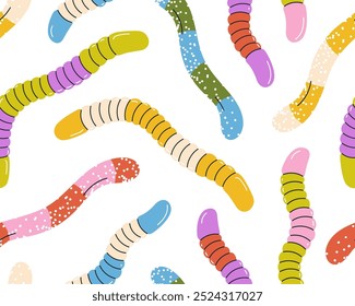 Seamless pattern, gummy worms, jelly candies. Sweet chewy confectionery, gum treats, snacks, repeating print. Endless background design for wrapping, fabric, textile. Colored flat vector illustration