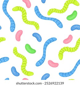 Seamless pattern, gummy worms, jelly candies. Sweet chewy confectionery, gum treats, snacks, repeating print. Endless background design for wrapping, fabric, textile. Colored flat vector illustration