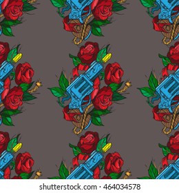 Seamless pattern a gun and a rose on a black background. Design of surface pattern.