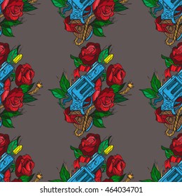 Seamless pattern a gun and a rose on a black background. Design of surface pattern.