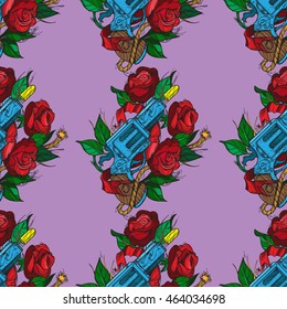 Seamless pattern a gun and roses on purple background. Design of surface pattern.