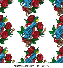 Seamless pattern a gun and roses on a white background. Design of surface pattern.