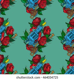 Seamless pattern a gun and roses on olive background. Design of surface pattern.