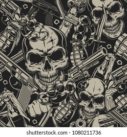 Seamless Pattern With Guns Skull And Grenade. Vector Illustration