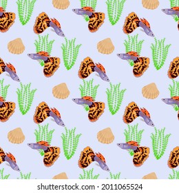 Seamless pattern guppy fish. Vector flat illustration.