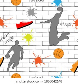 Nahtlose Muster für Jungs. Moderne Tapete im urbanen ​ ​ Stil. Basketballspieler, Turnschuhe, Ball, Bälle und Text auf weißem Ziegelhintergrund.
