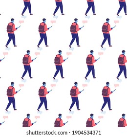 Patrón sin problemas con los tipos que hablan y teclean por teléfono. Personajes masculinos de fondo ilustración vectorial de caricatura plana. Comunicación y concepto de conversación. La gente usa un smartphone.