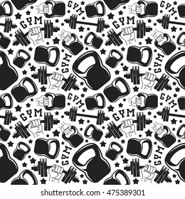 Seamless pattern gym club. Design for your textiles, backgrounds, wrapping paper. Black print on white background