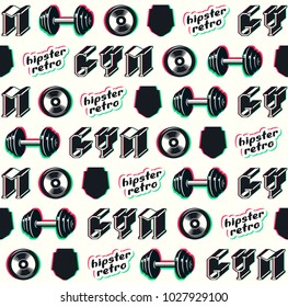 Seamless pattern for gym club. Illustration with glitch distortion effect. Design for your textiles, backgrounds, wrapping paper. Color print on white background