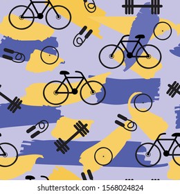 Seamless pattern with gym icons, Bicycles, dumbbells, kettlebells, jumping rope