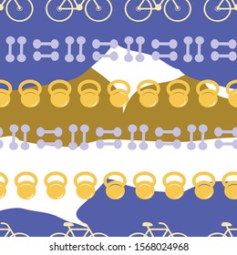 Seamless pattern with gym icons, Bicycles, dumbbells, kettlebells, jumping rope