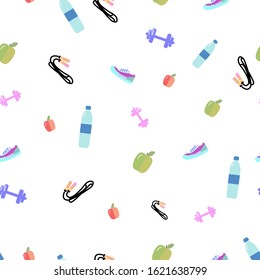 seamless pattern with gym icons, dumbbells, kettlebells, jumping rope, running shoe. Vector background