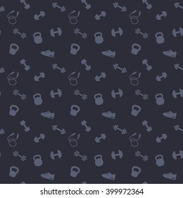 seamless pattern with gym icons, dumbbells, kettlebells, jumping rope, training shoe, dark pattern, vector illustration