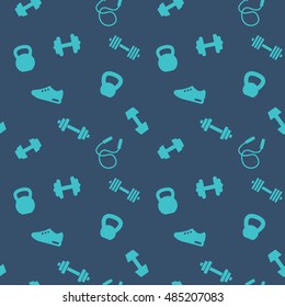 seamless pattern with gym icons, dumbbells, kettlebells, jumping rope, running shoe