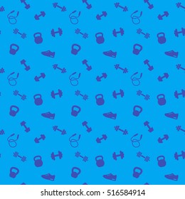 Seamless Pattern With Gym Icons, Dumbbells, Kettlebells, Jumping Rope, Blue Background