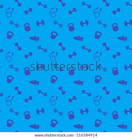 seamless pattern with gym icons, dumbbells, kettlebells, jumping rope, blue background