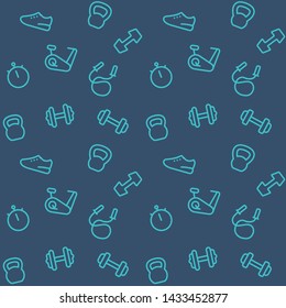 Seamless Pattern With Gym Line Icons, Dumbbells, Kettlebells, Vector Background