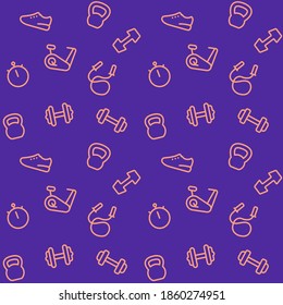 Seamless Pattern With Gym Line Icons, Workout And Training Vector Background