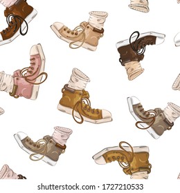 Patrón sin inconvenientes de zapatos de gimnasia de diferentes colores y tamaños sobre un fondo blanco. Una zapatilla para viajar y caminar con fuerza. Estilo de caricatura. Idea de diseño de camisetas.