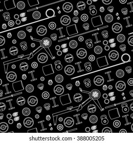 Seamless pattern with gym training, bodybuilding, healthy and active lifestyle, fitness elements.  Functional training equipment. Vector flat style