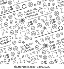 Seamless pattern with gym training, bodybuilding, healthy and active lifestyle, fitness elements. Text functional training equipment. Vector flat style