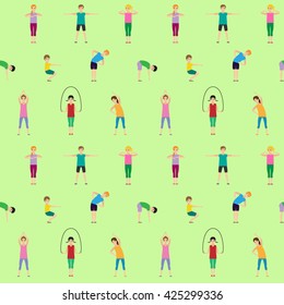 Seamless pattern with gymnastics for children and healthy lifestyle. Vector illustration.