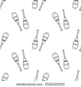 seamless pattern with gymnastics objects, outline circus cartoon background of juggling maces, vector black and white wallpaper with juggling clubs