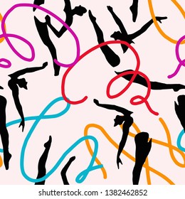 Seamless pattern with gymnasts. Sports and physical activity background of girls performing rhythmic gymnastics. Silhouettes of fit women holding sticks with long waving ribbons. 
