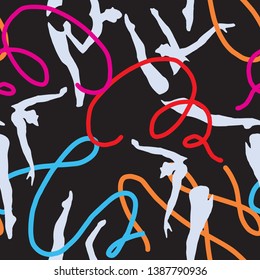 Seamless pattern with gymnasts. Sports and physical activity background of girls performing rhythmic gymnastics. Silhouettes of fit women holding sticks with long waving ribbons. 
