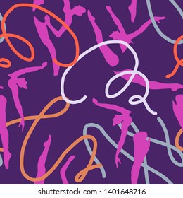 Seamless pattern with gymnasts. Sports and physical activity background of girls performing rhythmic gymnastics. Silhouettes of fit women holding sticks with long waving ribbons. 