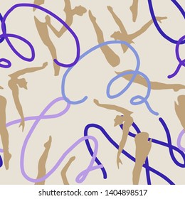 Seamless pattern with gymnasts. Sports and physical activity background of girls performing rhythmic gymnastics. Silhouettes of fit women holding sticks with long waving ribbons. 