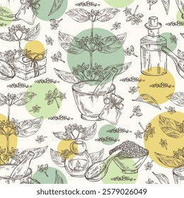 Seamless pattern with gymnema sylvestre: gymnema sylvestre plant, gurmar leaves and gymnema sylvestre flowers.  Oil, soap and bath salt . Cosmetics and medical plant. Vector hand drawn