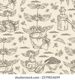 Seamless pattern with gymnema sylvestre: gymnema sylvestre plant, gurmar leaves and gymnema sylvestre flowers.  Oil, soap and bath salt . Cosmetics and medical plant. Vector hand drawn