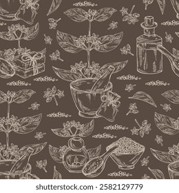 Seamless pattern with gymnema sylvestre: gymnema sylvestre plant, gurmar leaves and gymnema sylvestre flowers.  Oil, soap and bath salt . Cosmetics and medical plant. Vector hand drawn