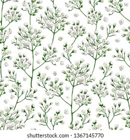 Seamless pattern with gypsophila flowers in watercolor style isolated on white background. Art vector illustration