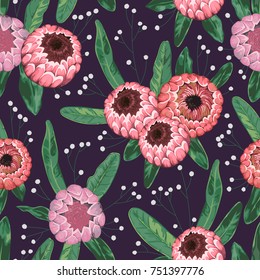 Seamless pattern with gypsophila, protea flowers and leaves. Decorative holiday floral background. Vintage vector illustration in watercolor style