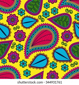Seamless pattern in gypsy style.  Ethnic ornament with flowers and paisleys.