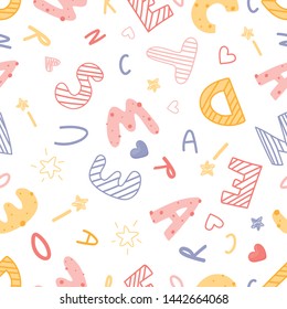 Seamless pattern with had draw letters in cute cartoon style