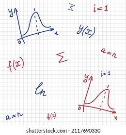 Seamless pattern with hadwritten math algebra geometry symbols in grid notebook 