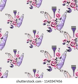 Seamless pattern with hair coloring brush and tube. Vector fashion illustrations with watercolor style paint splashes. Stylish graphic on white background. Design for logo, t shirt and uniform.