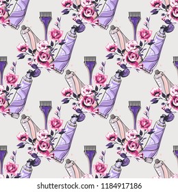 Seamless pattern with hair coloring brush and tube. Vector fashion illustrations with watercolor style paint splashes. Stylish graphic on white background. Design for logo, t shirt and uniform.